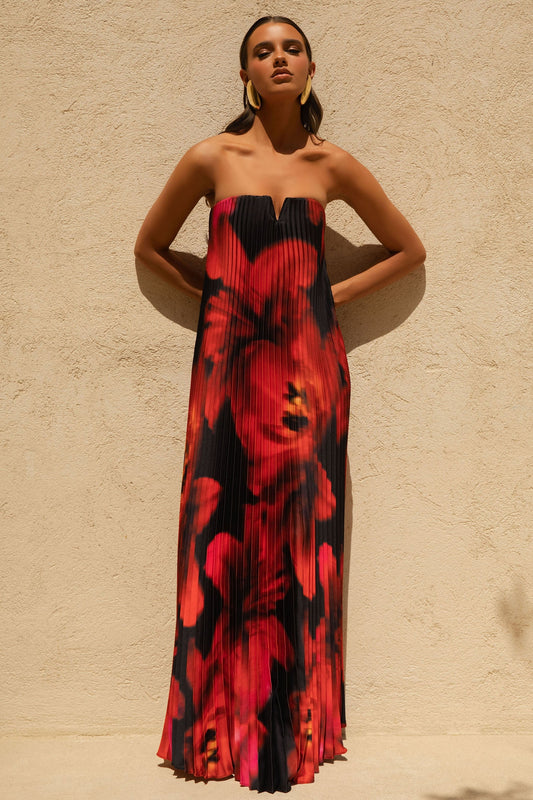 Bergamot | Black And Red Floral Print Satin Sweetheart Maxi Dress