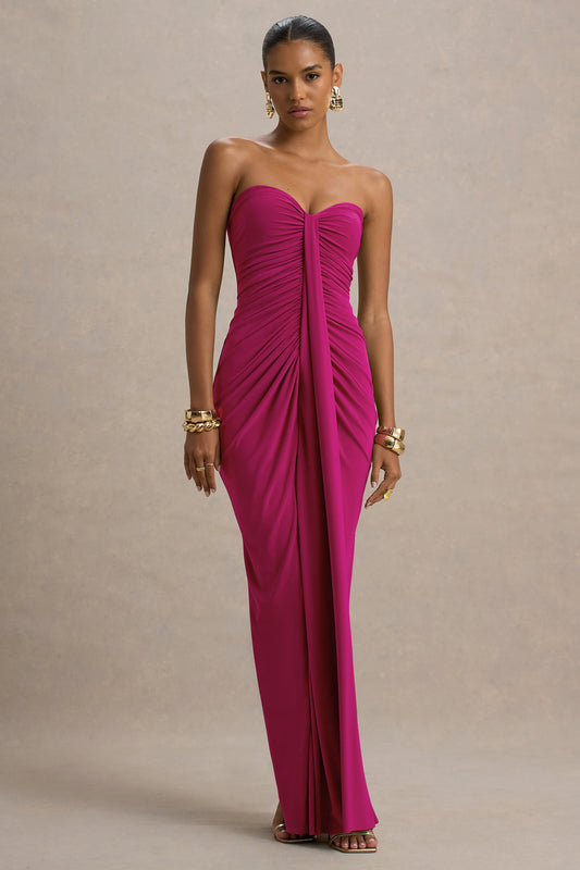 Ali | Hot Pink Jersey Sweetheart Maxi Dress With Gathered Detailing And Sash