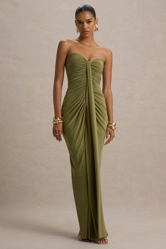Ali | Olive Jersey Sweetheart Maxi Dress With Gathered Detailing And Sash