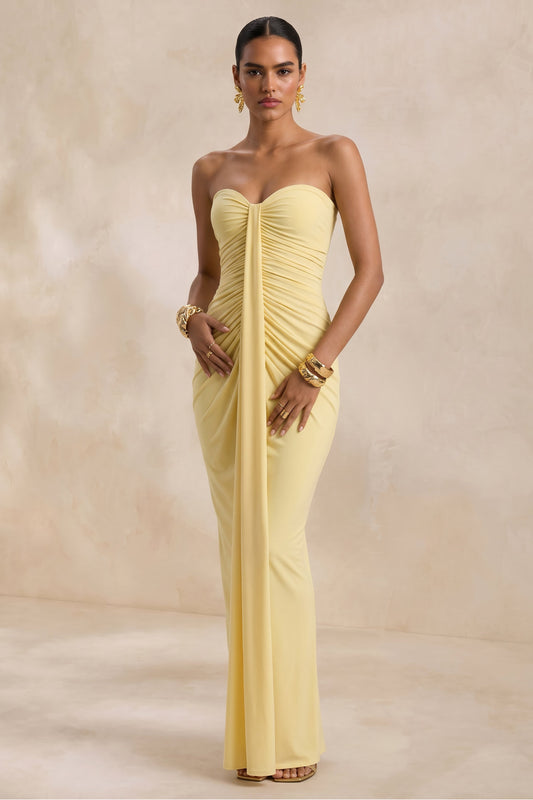Ali | Lemon Jersey Sweetheart Maxi Dress With Gathered Detailing And Sash