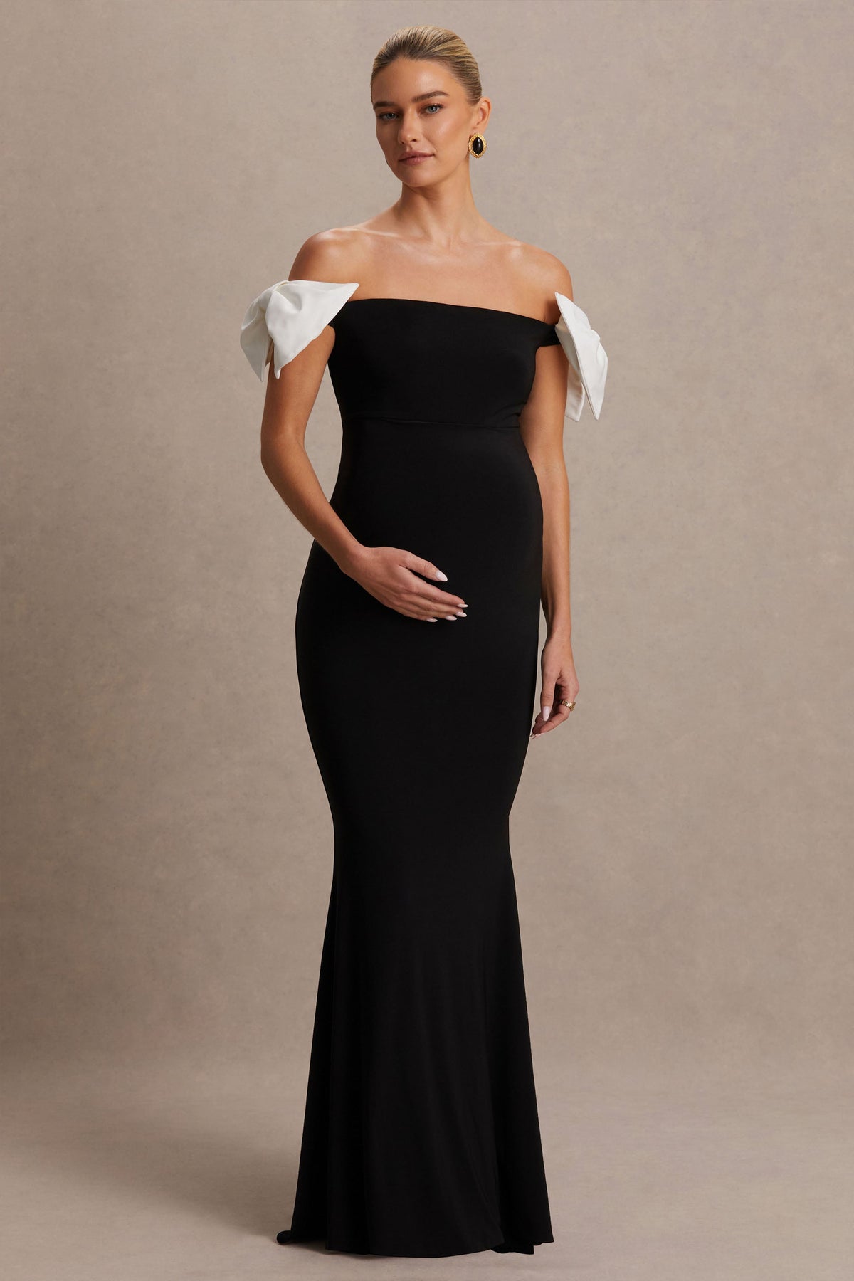 Didi | Monochrome Jersey Bardot Short Sleeve Maternity Maxi Dress With Bow Detailing