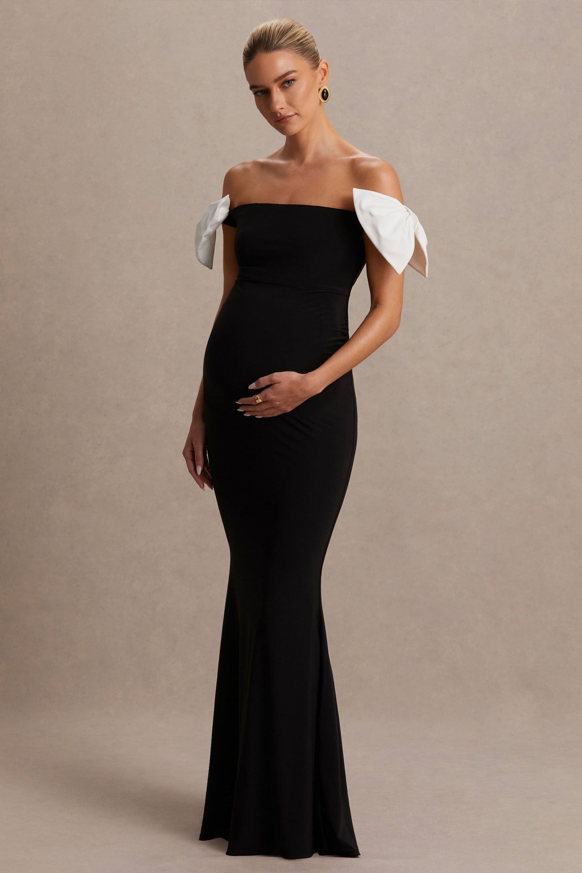 Didi | Monochrome Jersey Bardot Short Sleeve Maternity Maxi Dress With Bow Detailing