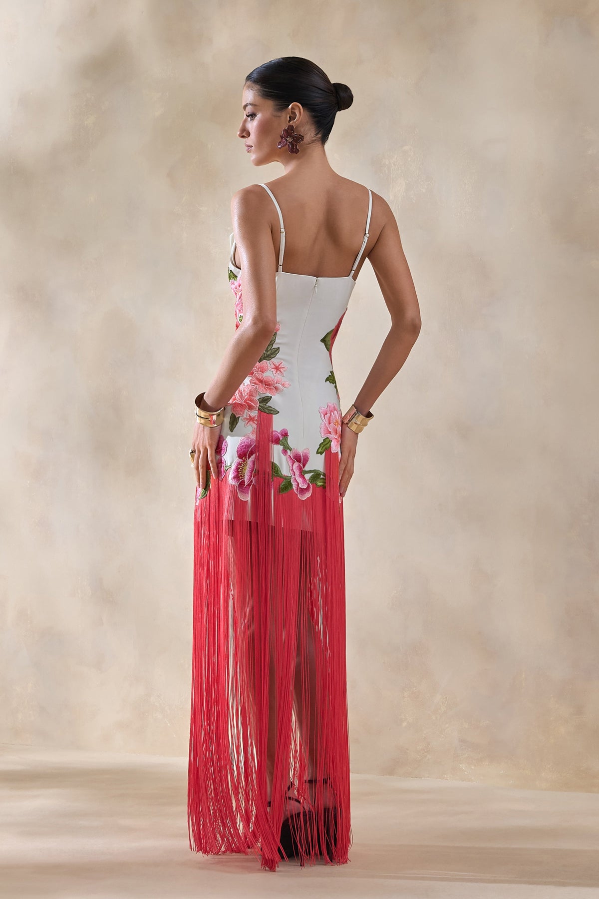Bejewelled | Cream and Pink Floral Cowl-Neck Maxi Dress With Fringe Hem