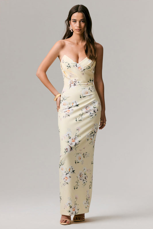 Fierce | Lemon Print Asymmetric Ruched Maxi Dress
