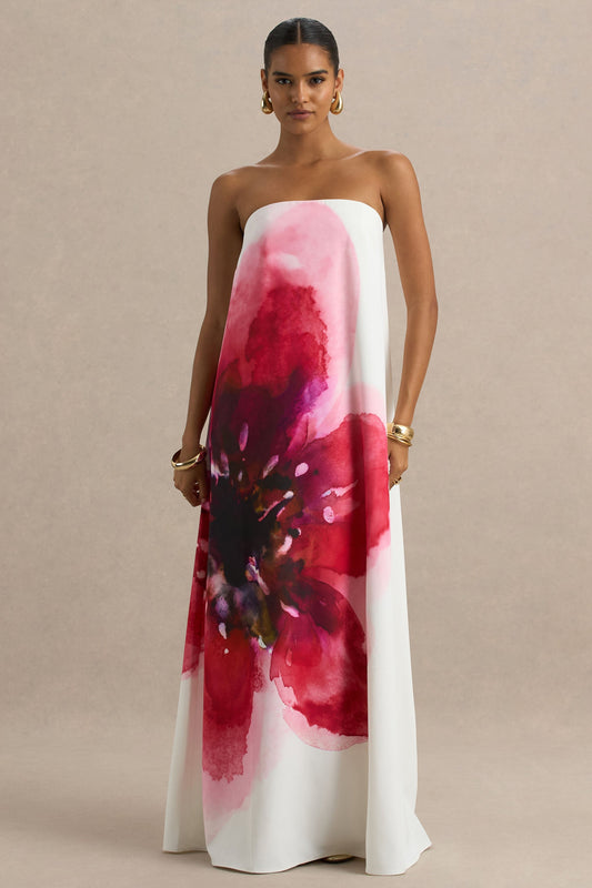 Breonna | Bright Pink Floral Placement Print Bandeau Maxi Dress