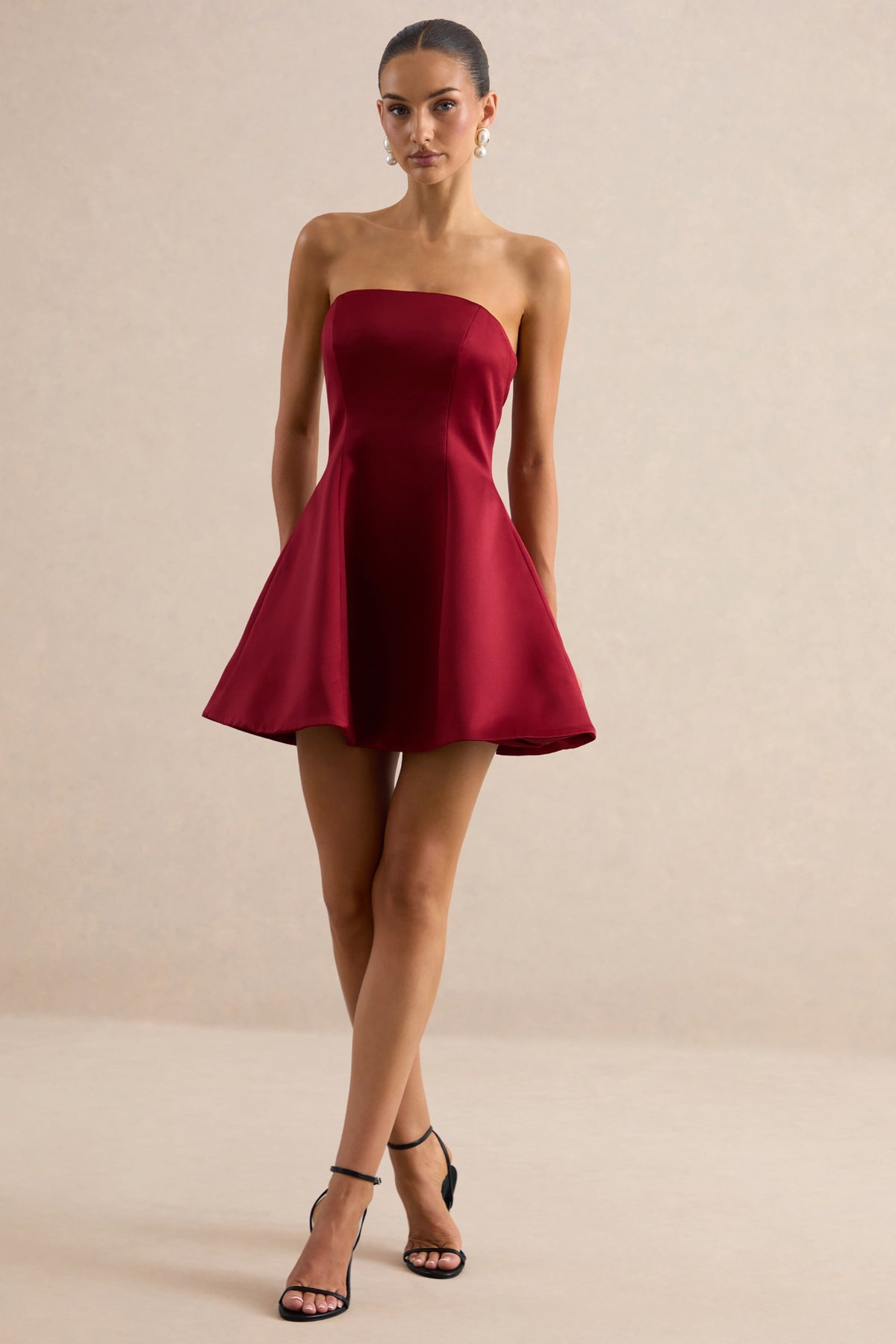 Lioray | Burgundy Satin Bandeau-Neck A-Line Mini Dress