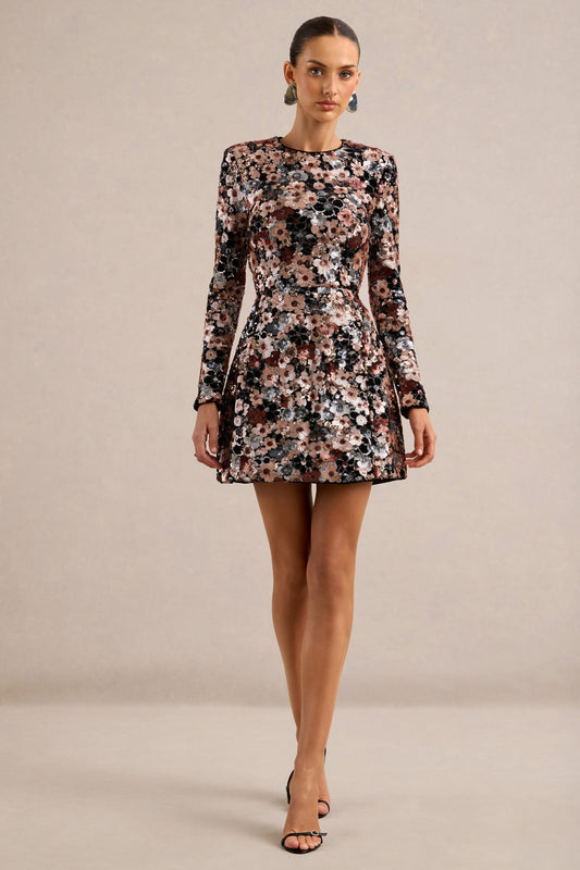 Adaline | Black Velvet & Embellished Sequin Floral Long-Sleeved Mini Dress