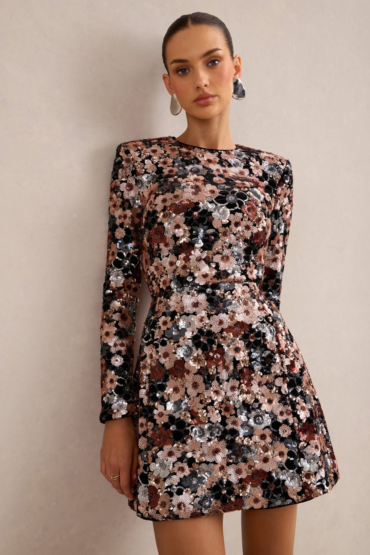 Adaline | Black Velvet & Embellished Sequin Floral Long-Sleeved Mini Dress