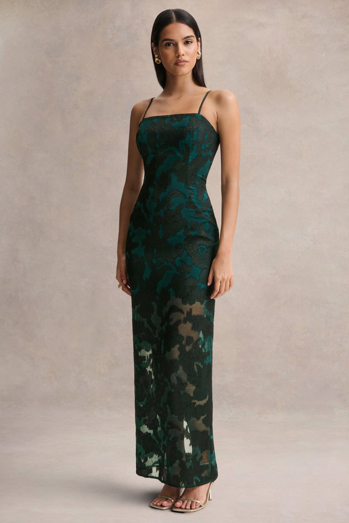 Hada | Dark Green Satin Devore Square-Neck Maxi Dress With Removable Twisted-Cape