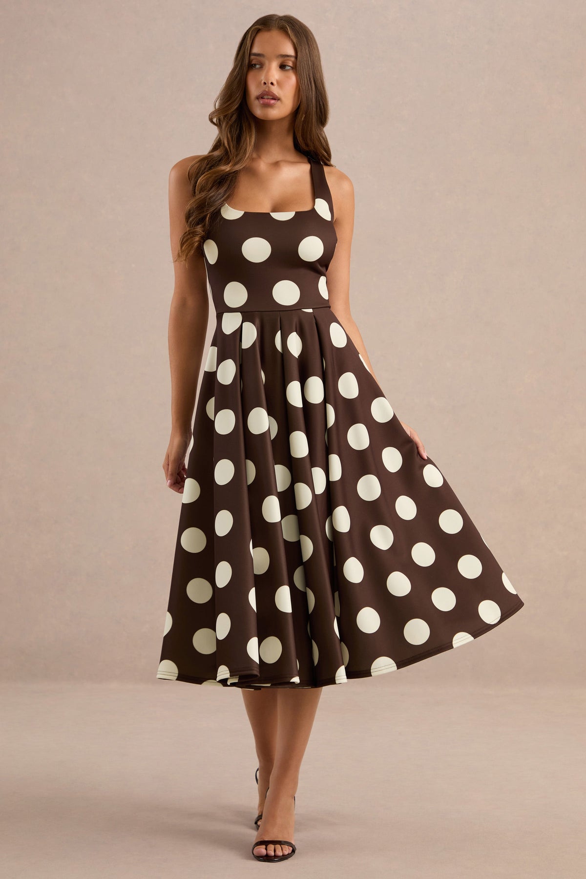 Berta | Dark Brown Polka Dot Print Scuba Square Neck A-Line Midi Dress