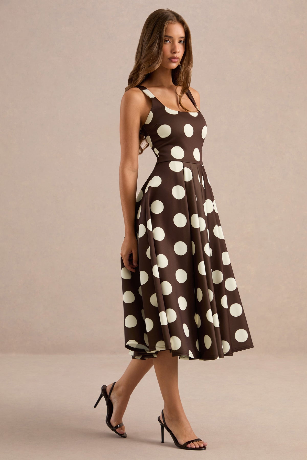 Berta | Dark Brown Polka Dot Print Scuba Square Neck A-Line Midi Dress