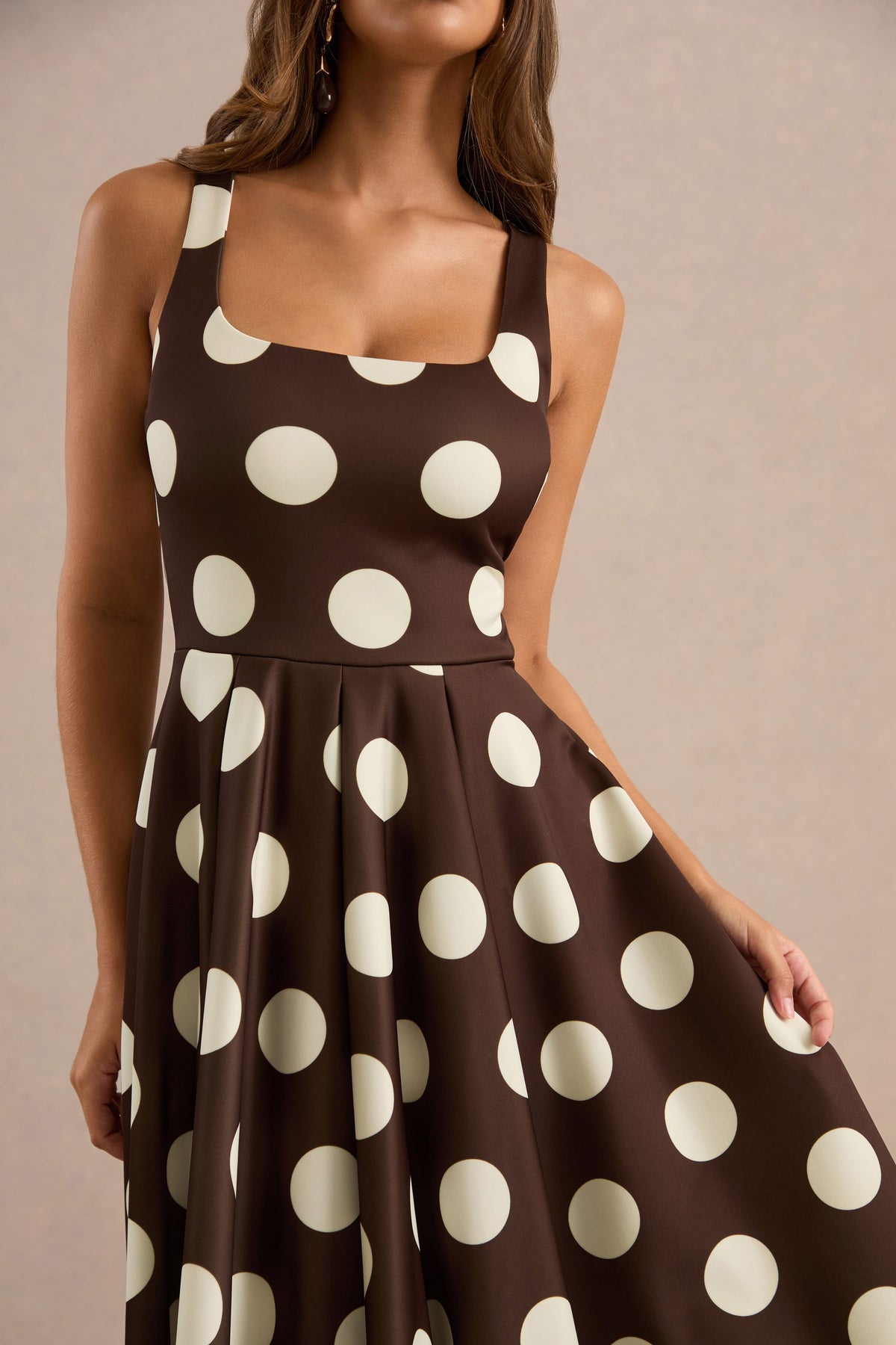 Berta | Dark Brown Polka Dot Print Scuba Square Neck A-Line Midi Dress