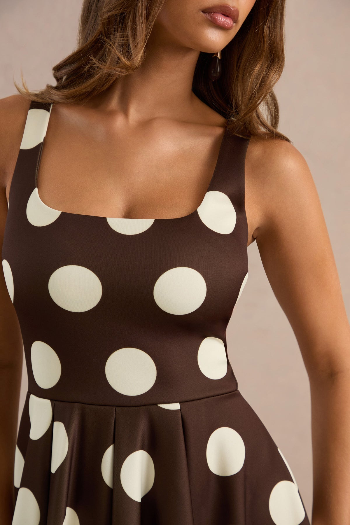 Berta | Dark Brown Polka Dot Print Scuba Square Neck A-Line Midi Dress