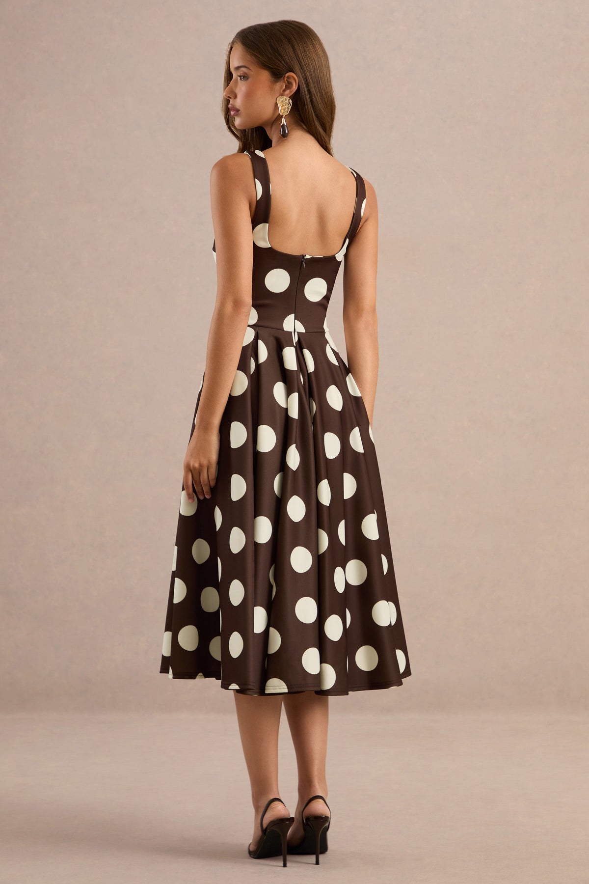 Berta | Dark Brown Polka Dot Print Scuba Square Neck A-Line Midi Dress