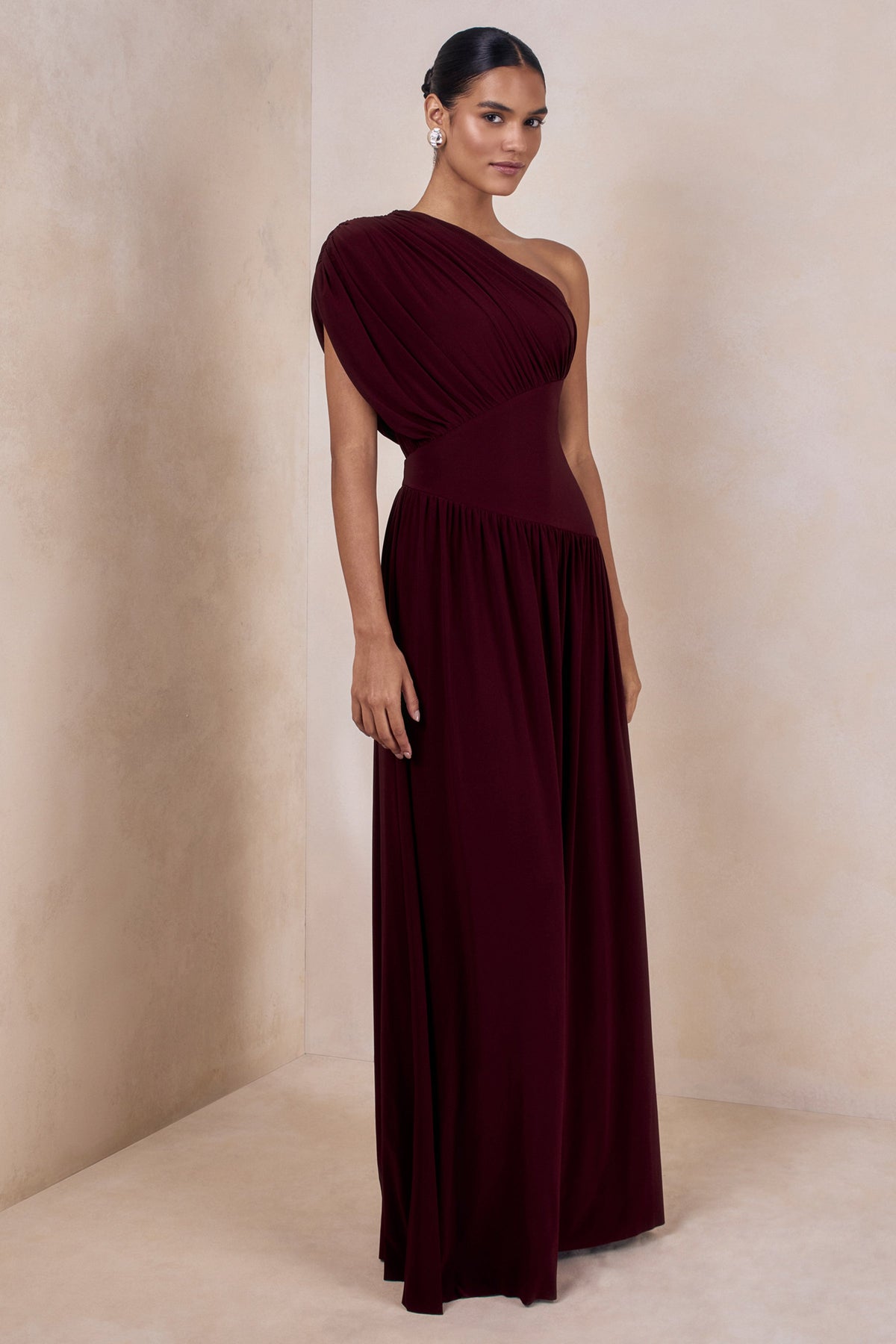 Kelsey | Burgundy Asymmetric-Neck Maxi Dress With Ruched Detailing