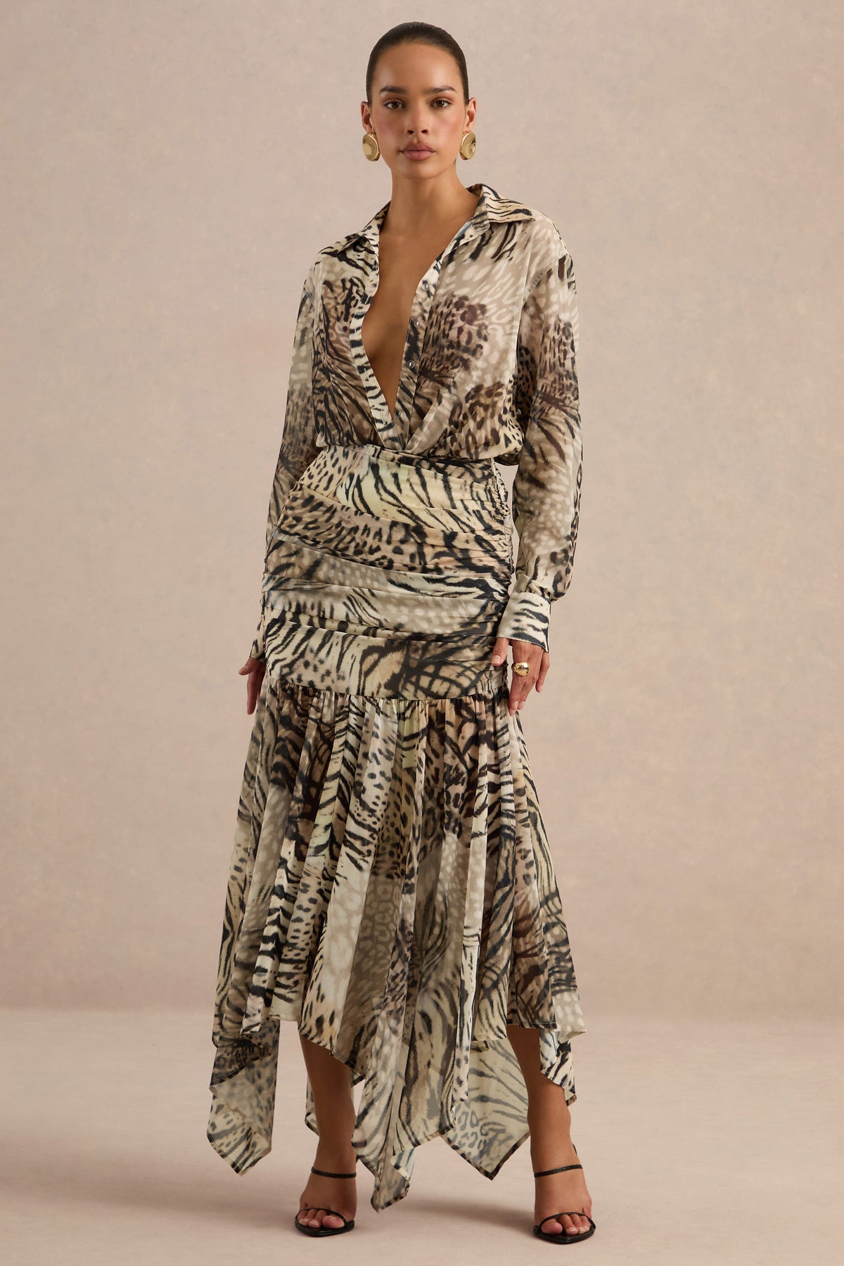 Kris | Brown Animal Print Chiffon V Neck Long Sleeve A-Line Maxi Dress