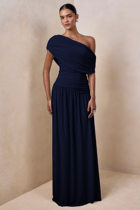 Emberly | Navy Draped Asymmetric-Neck Maxi Dress With Drop-Waist