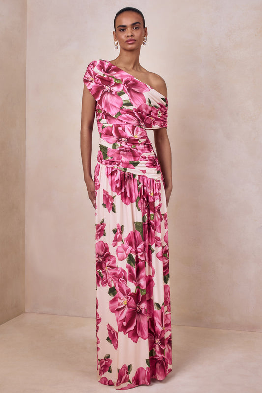 Emberly | Pink Hibiscus Floral Print Asymmetric Neck Maxi Dress With Drop Waist