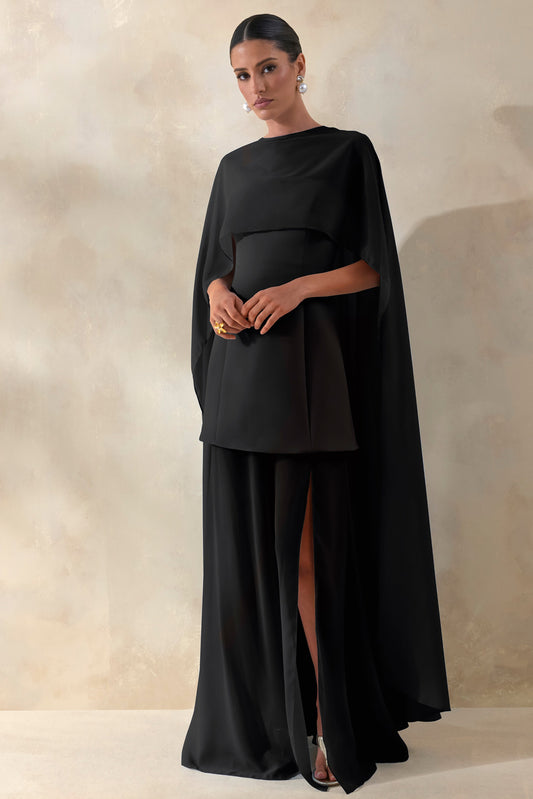 Chessa | Black Scuba Boat Neck Short Sleeve Maxi Dress With Sheer Skirt And Corset