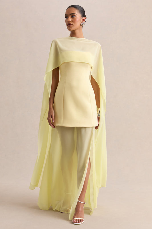 Chessa | Lemon Scuba Boat Neck Short Sleeve Maxi Dress With Sheer Skirt And Corset