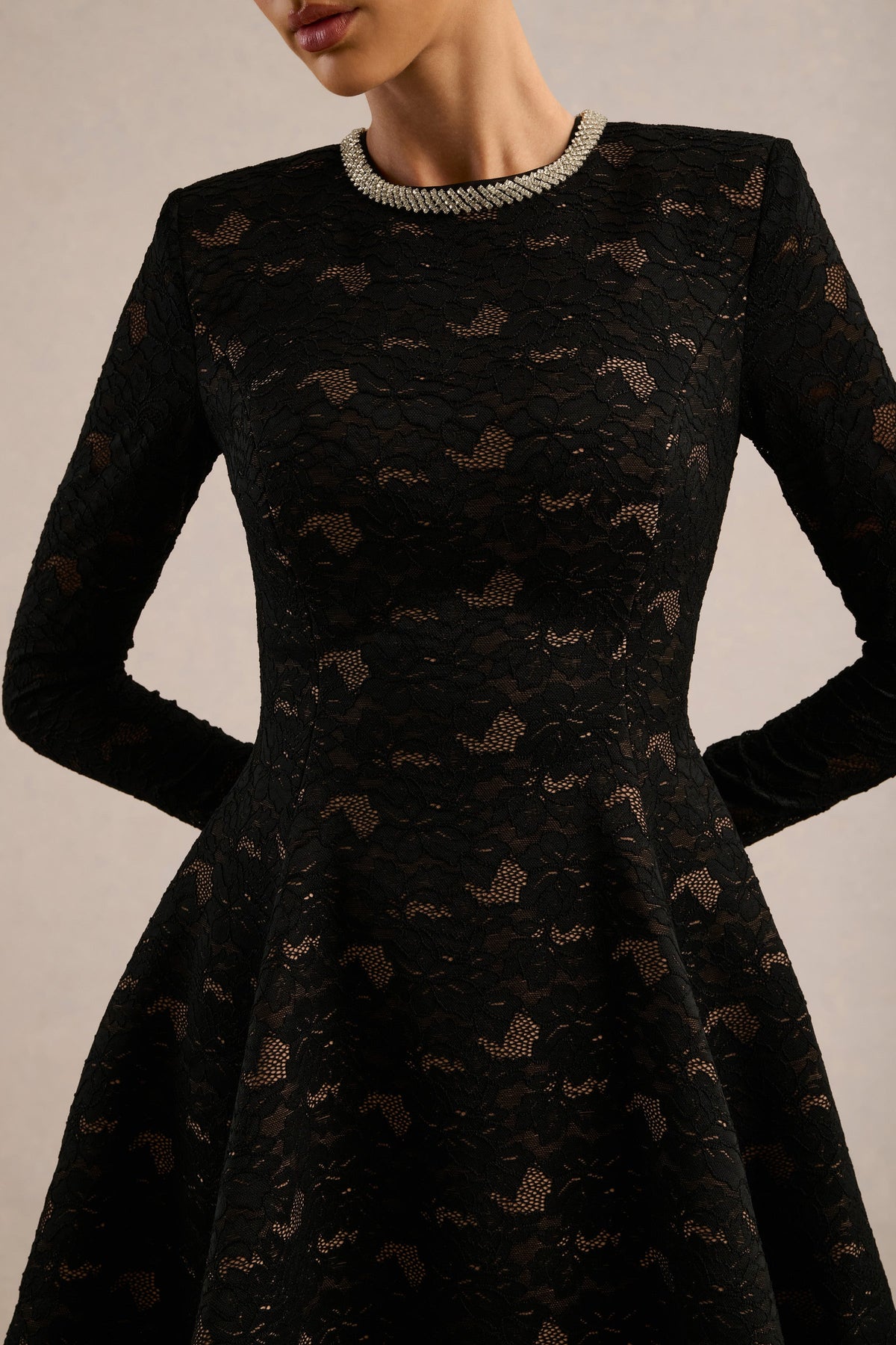 Divine | Black Lace Embellished Crew-Neck Mini Dress