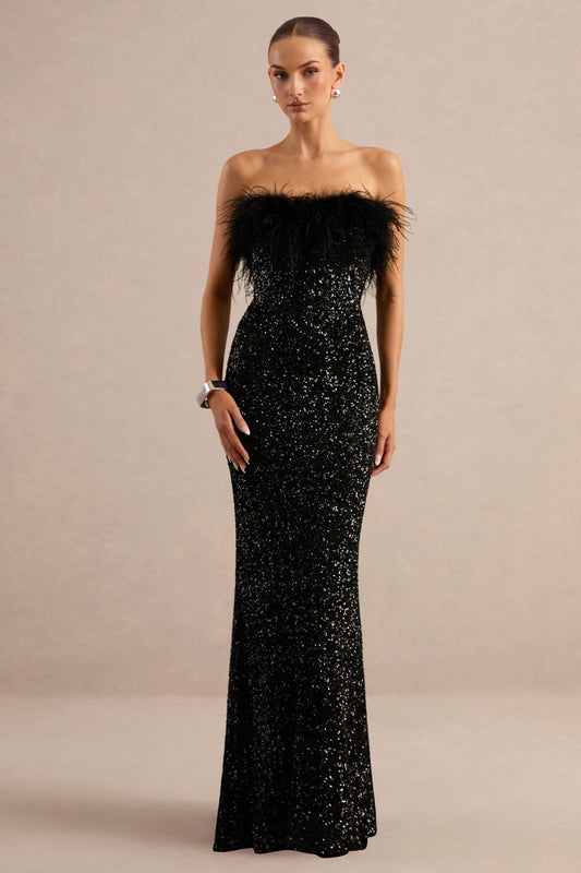 Daze | Black Sequin Bandeau Maxi Dress With Feather-Trim