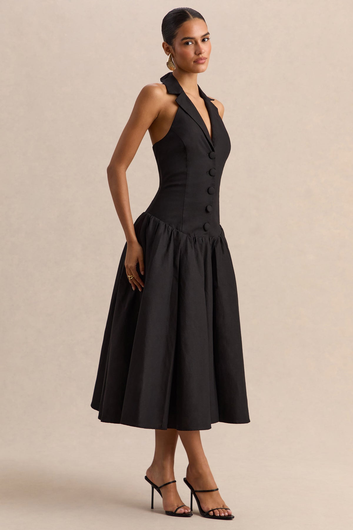 Ella | Black Plunge-Neck Midi Dress With Drop-Waist