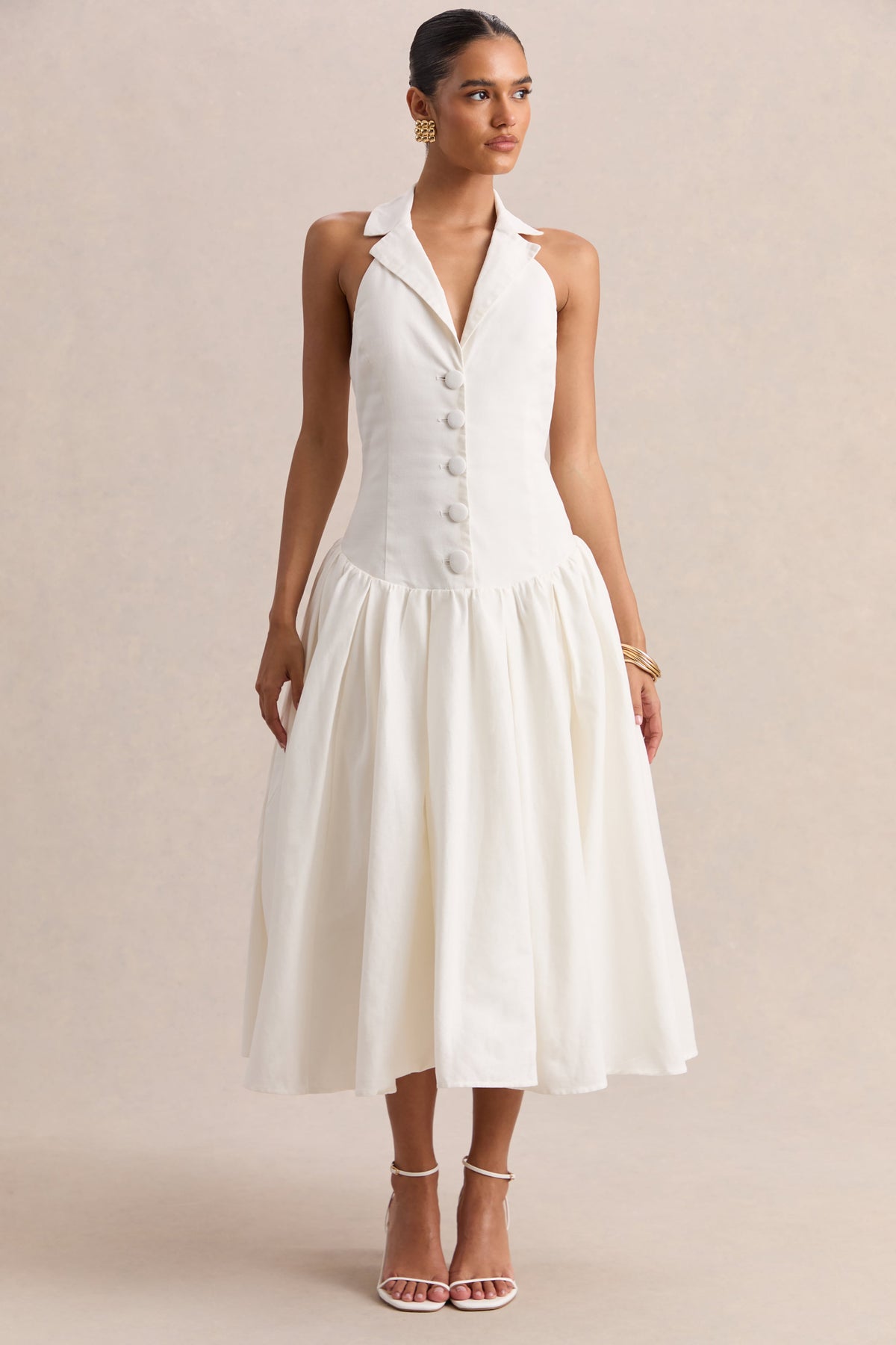 Ella | White Plunge-Neck Midi Dress With Drop-Waist