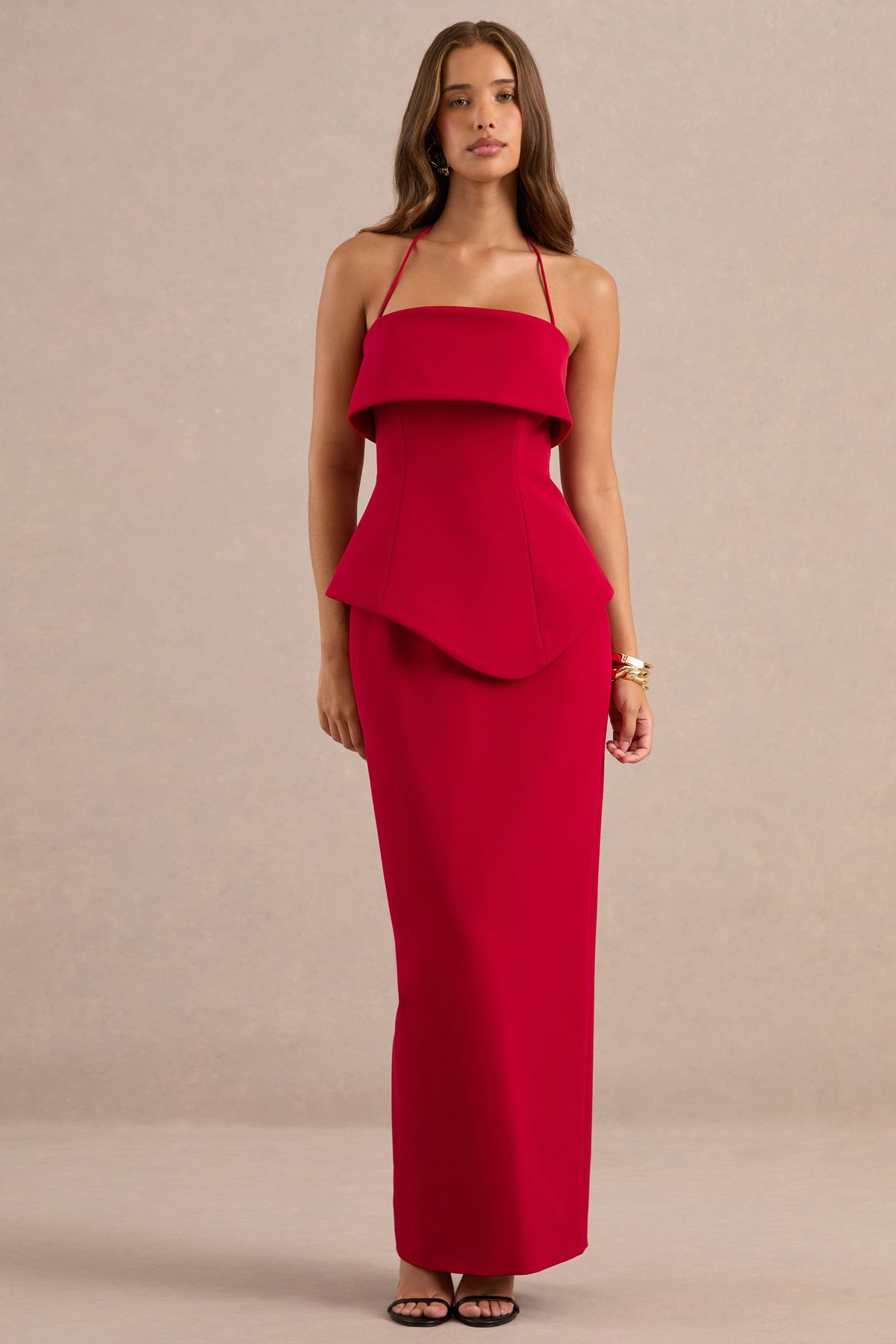 Fran | Red Scuba Square Neck Maxi Dress With Corset And Back Split