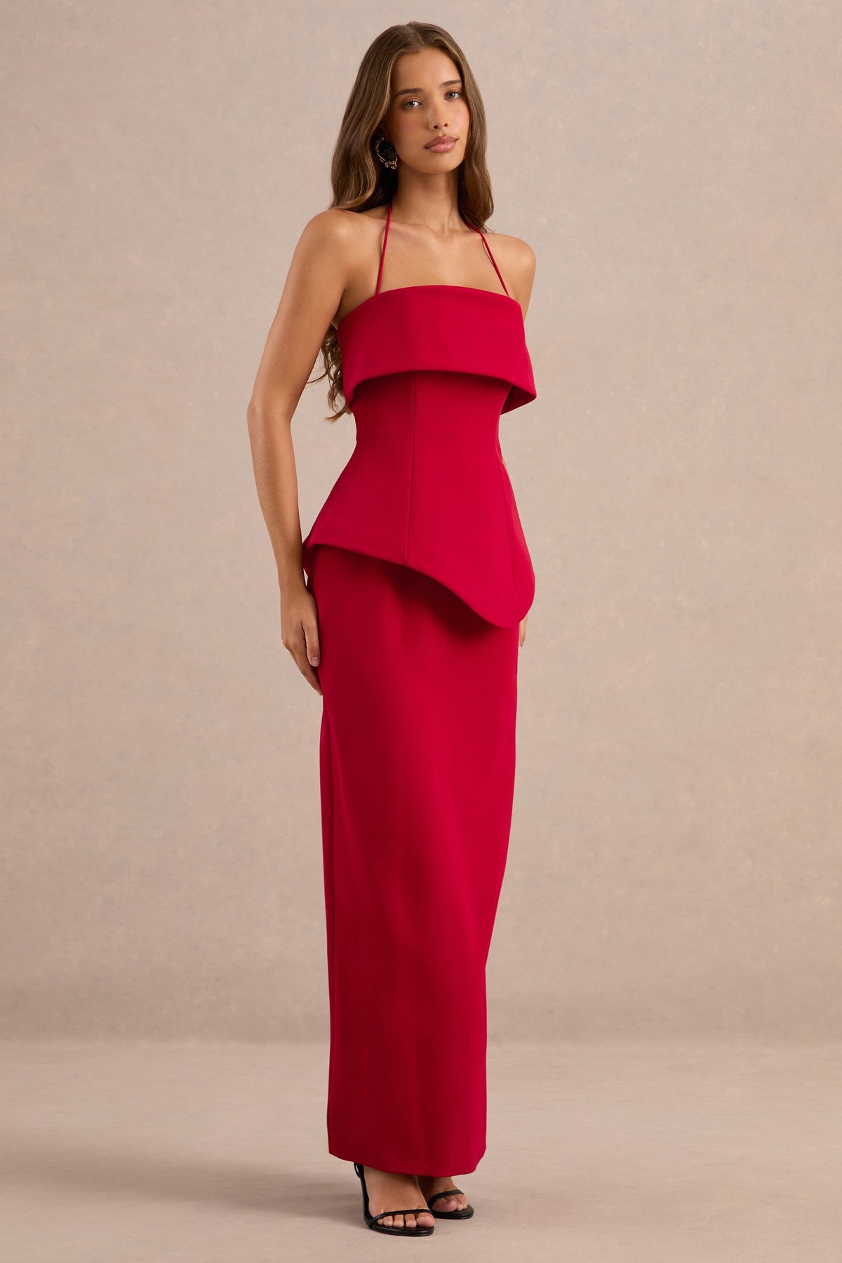 Fran | Red Scuba Square Neck Maxi Dress With Corset And Back Split