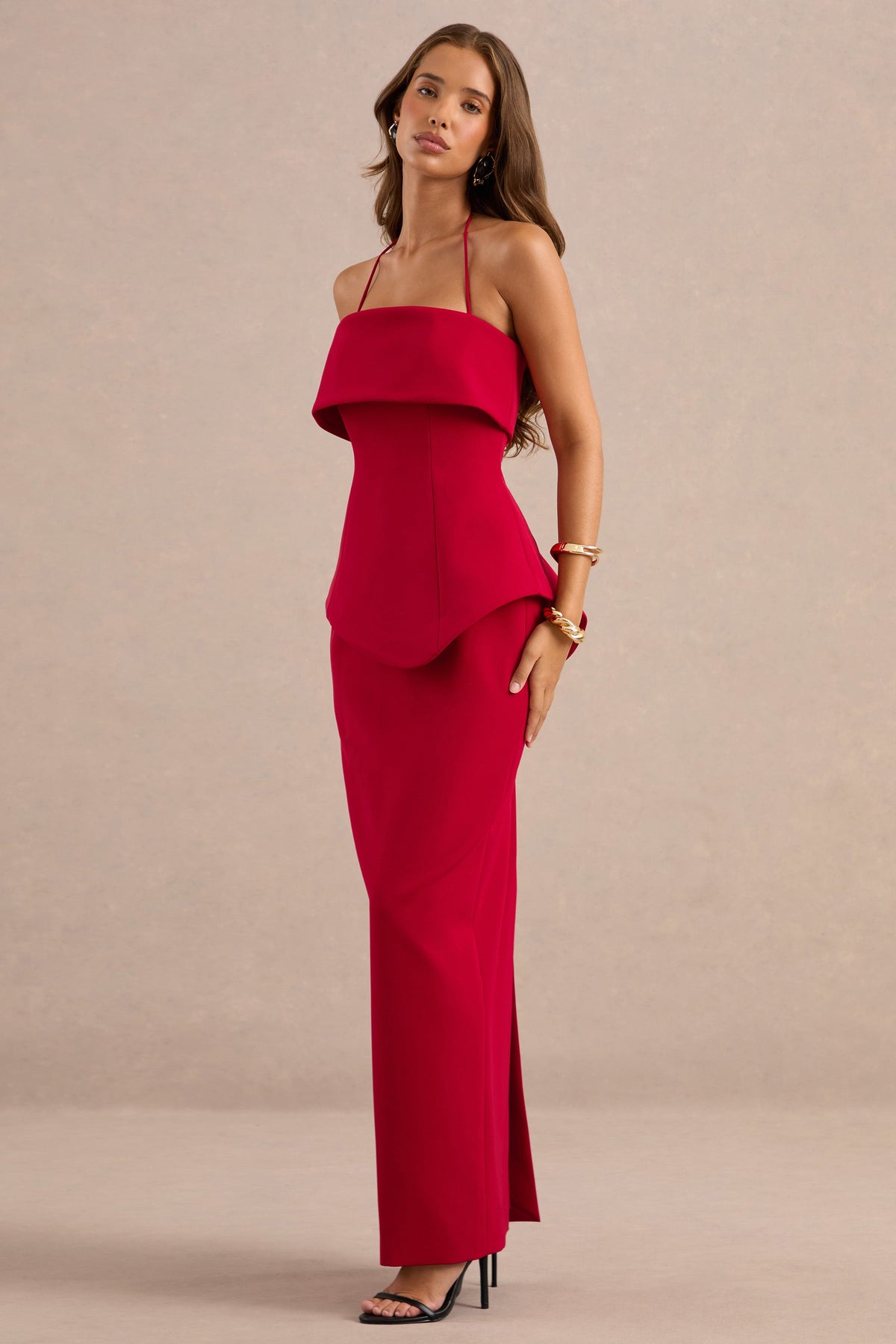 Fran | Red Scuba Square Neck Maxi Dress With Corset And Back Split