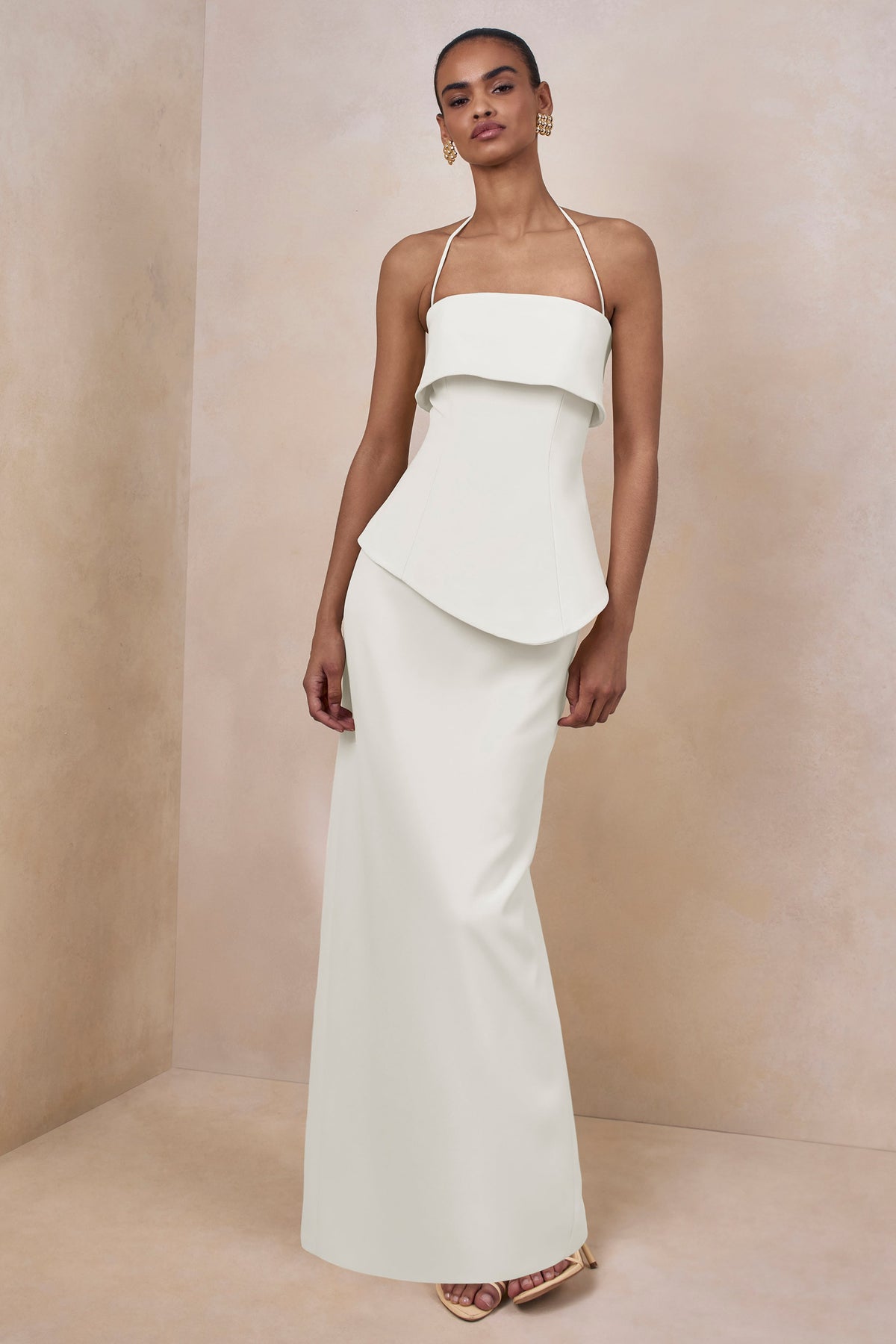 Fran | White Scuba Square Neck Maxi Dress With Corset And Back Split