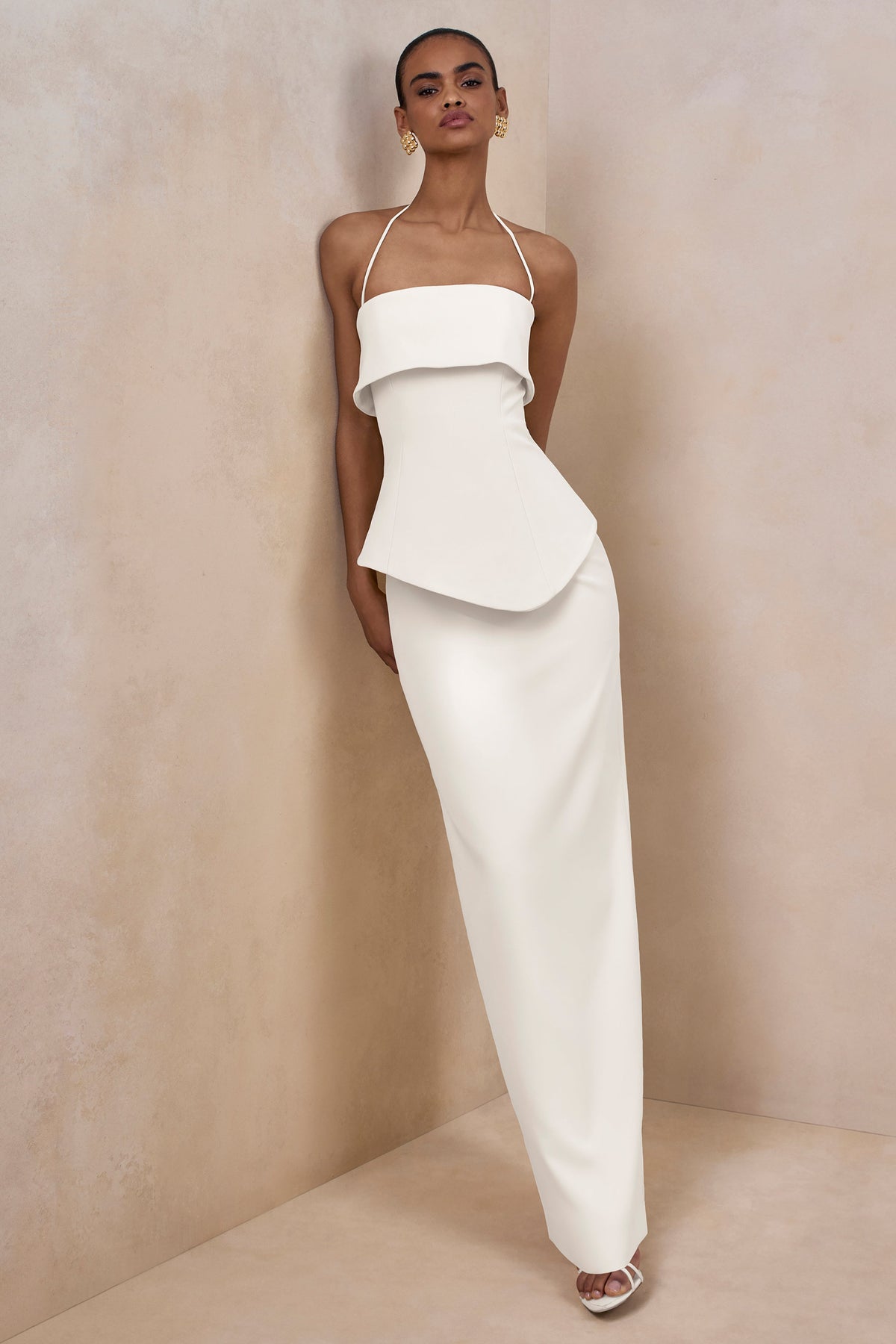 Fran | White Scuba Square Neck Maxi Dress With Corset And Back Split