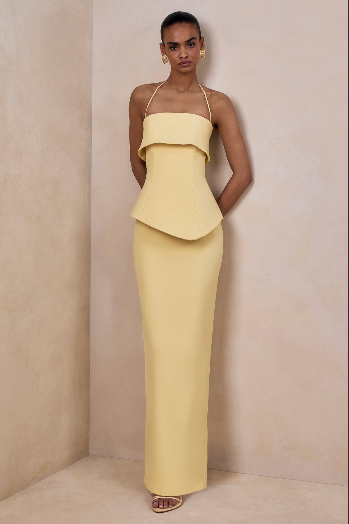 Fran | Lemon Scuba Square Neck Maxi Dress With Corset And Back Split