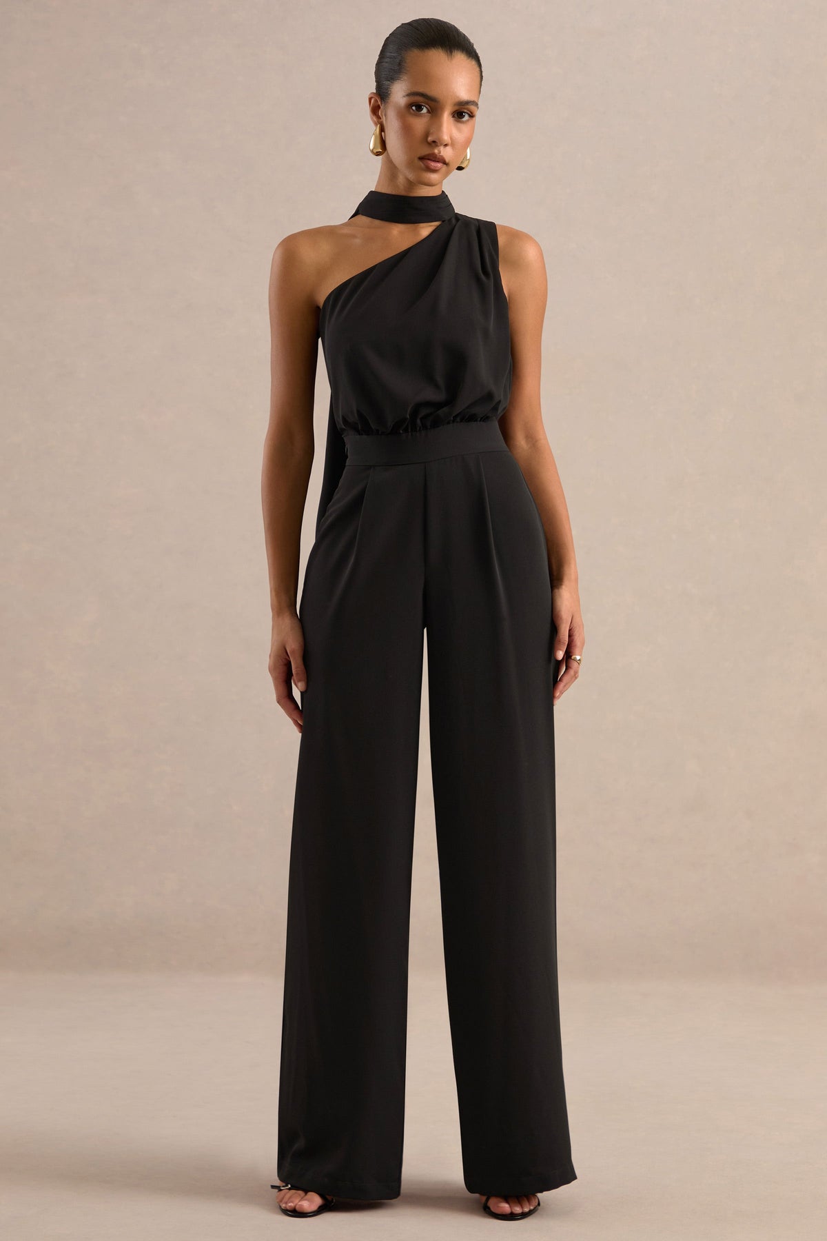 Gliselle | Black One Shoulder Jumpsuit With Scarf Detail