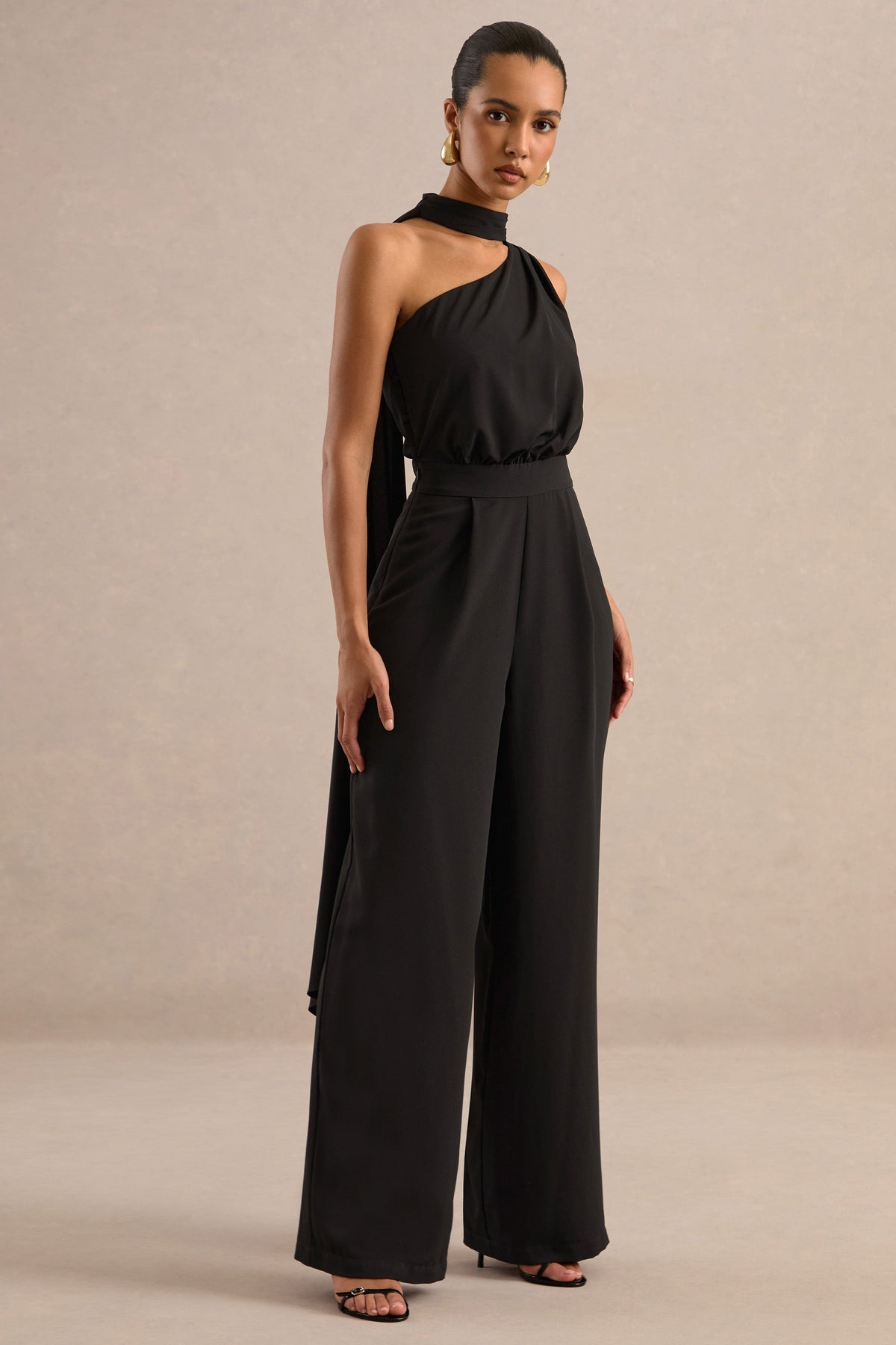 Gliselle | Black One Shoulder Jumpsuit With Scarf Detail