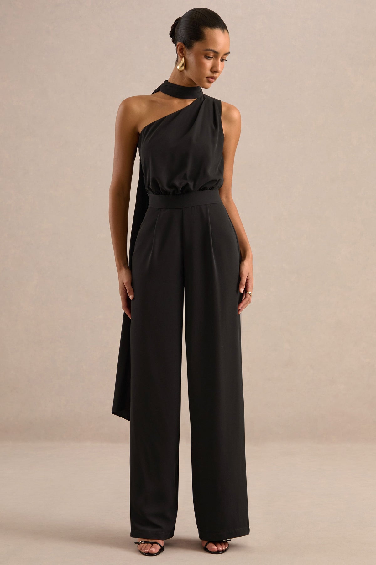 Gliselle | Black One Shoulder Jumpsuit With Scarf Detail