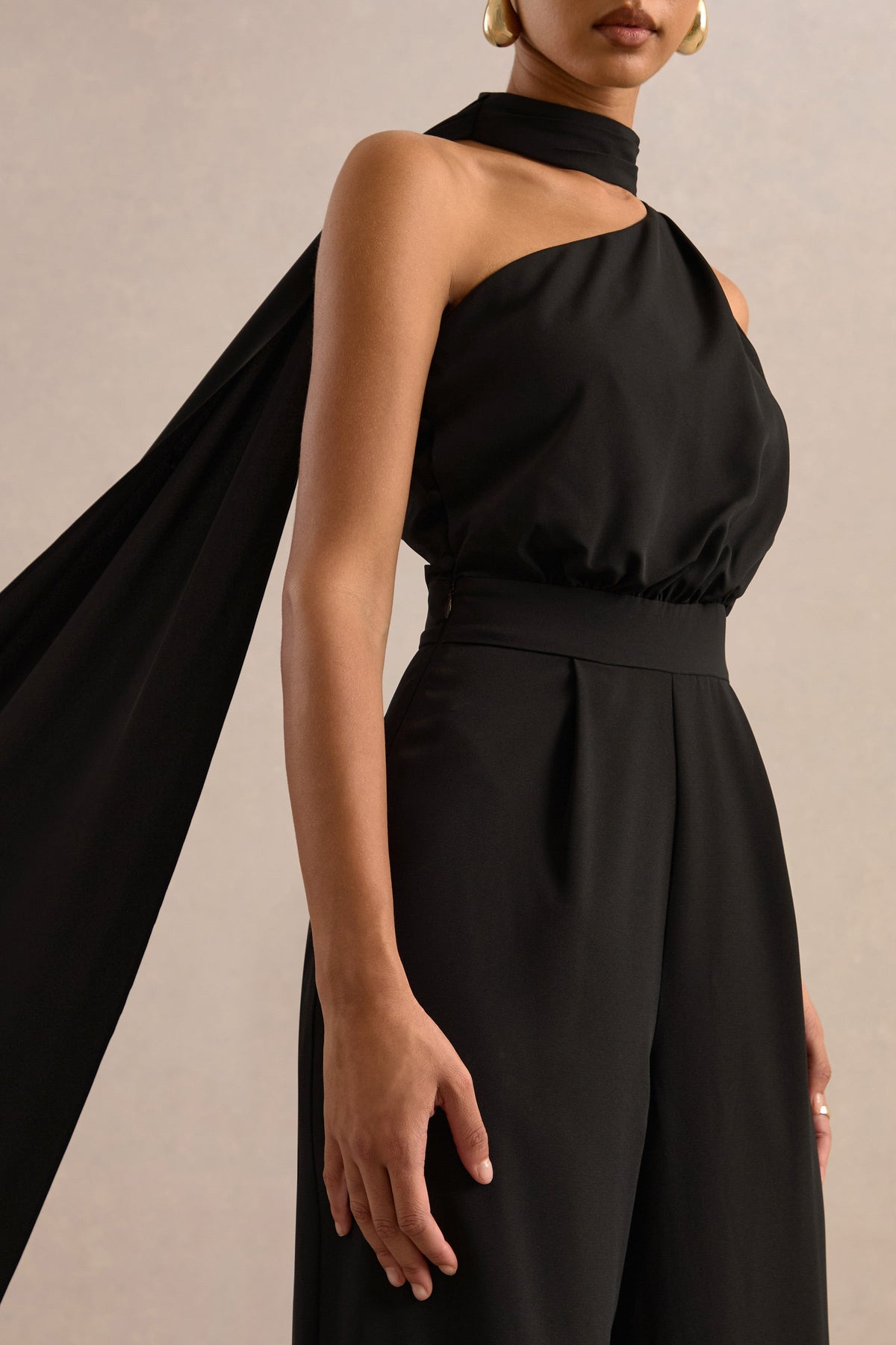 Gliselle | Black One Shoulder Jumpsuit With Scarf Detail