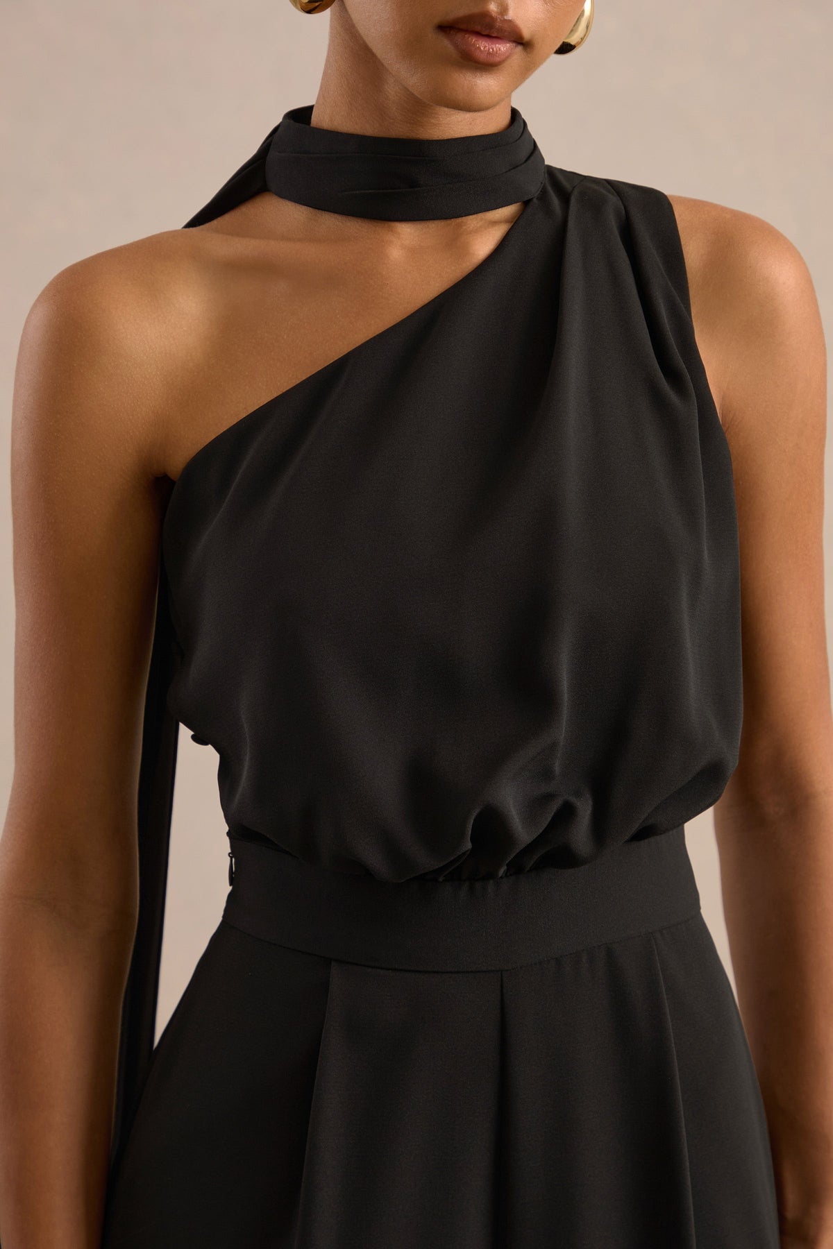 Gliselle | Black One Shoulder Jumpsuit With Scarf Detail