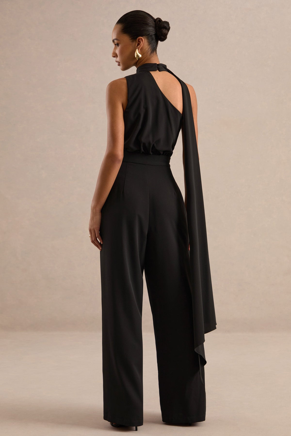 Gliselle | Black One Shoulder Jumpsuit With Scarf Detail