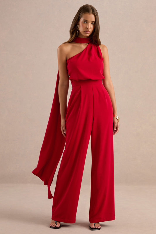 Gliselle | Red One Shoulder Jumpsuit With Scarf Detail