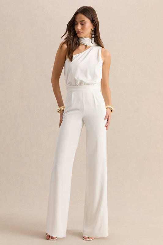 Gliselle | White One Shoulder Jumpsuit With Scarf Detail