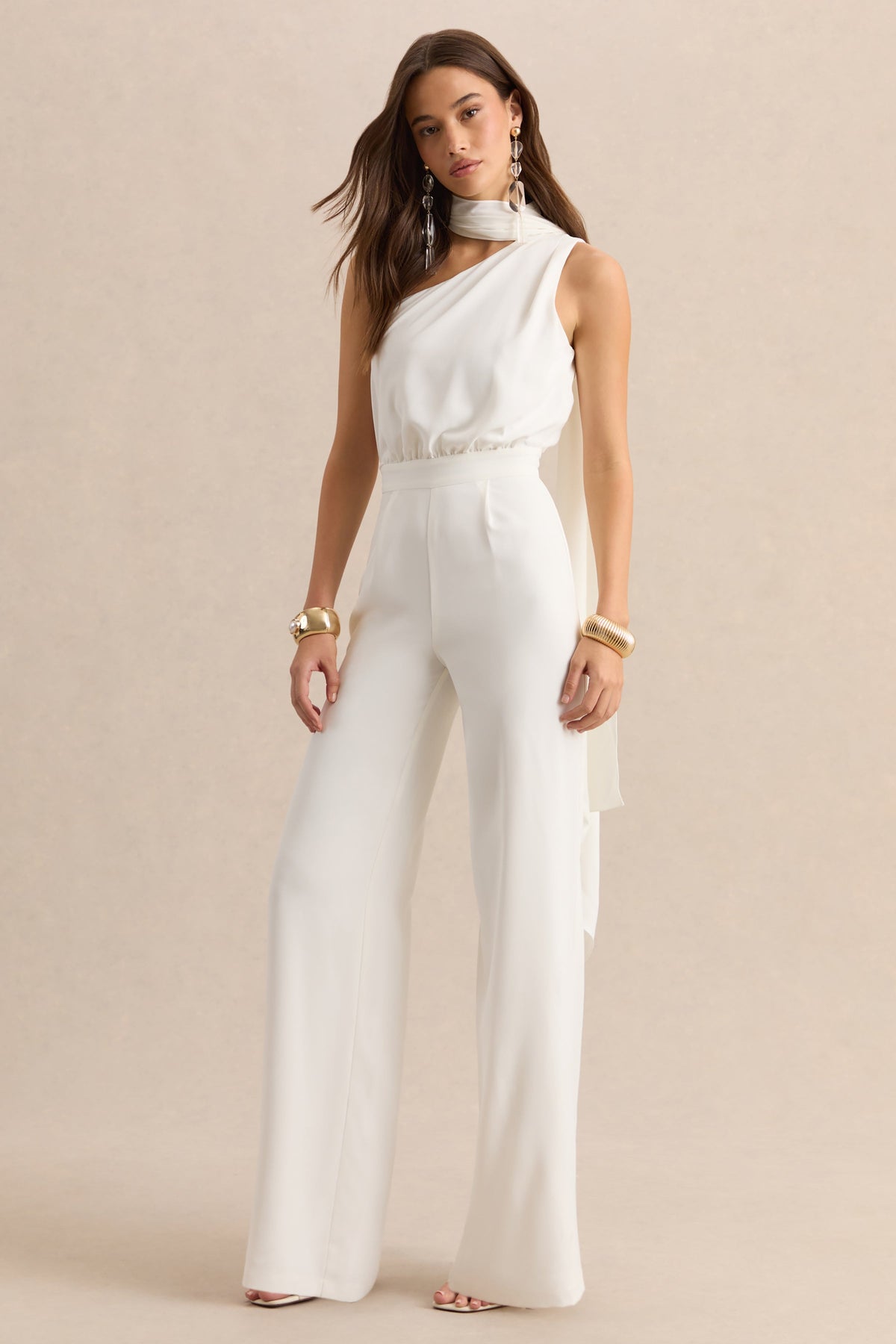 Gliselle | White One Shoulder Jumpsuit With Scarf Detail