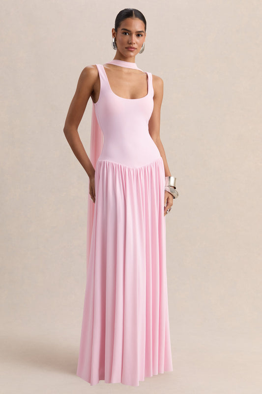 Aurina | Pink Square-Neck Maxi Dress With Scarf-Detail