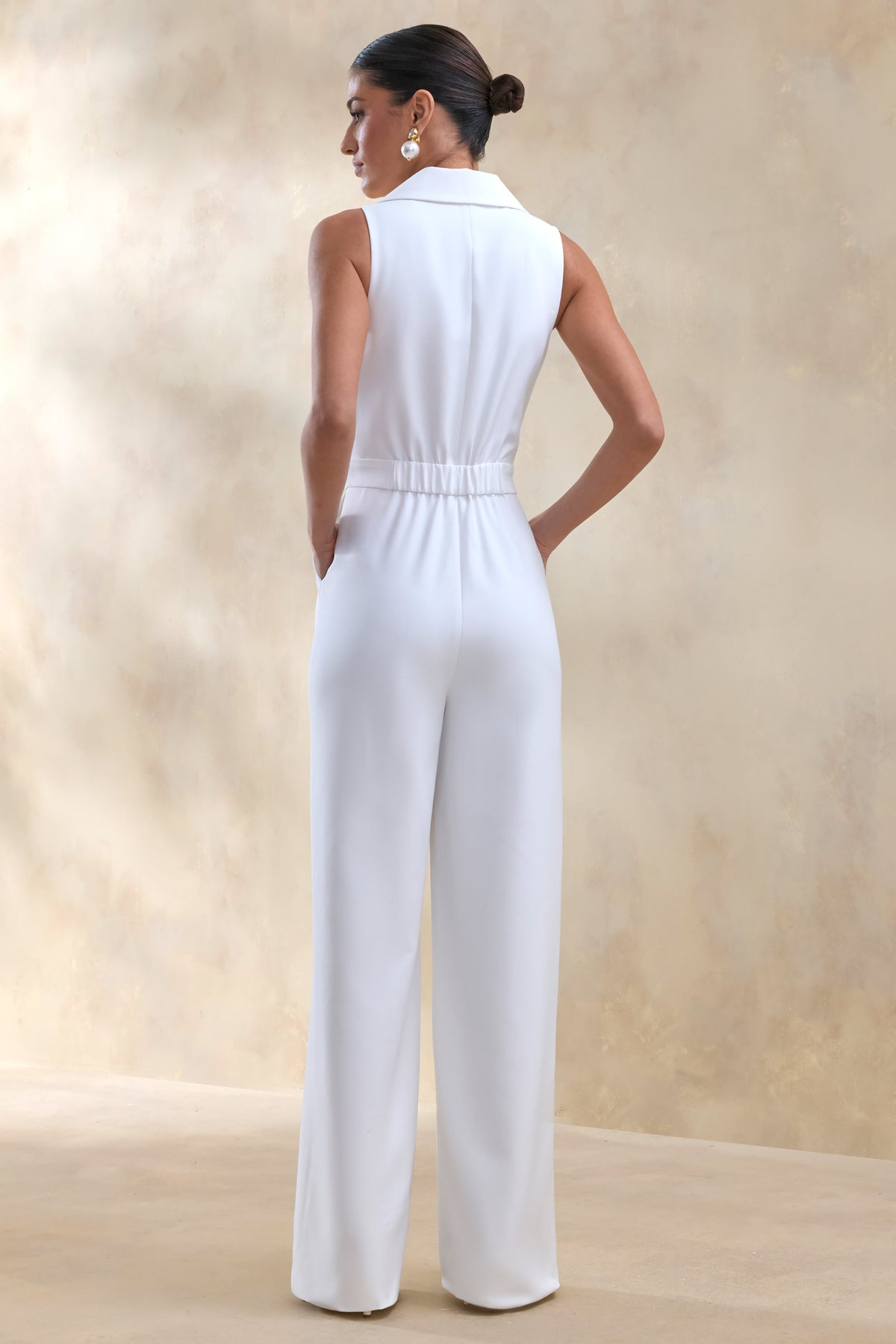 Brillora | White Plunge-Neck Tailored Jumpsuit