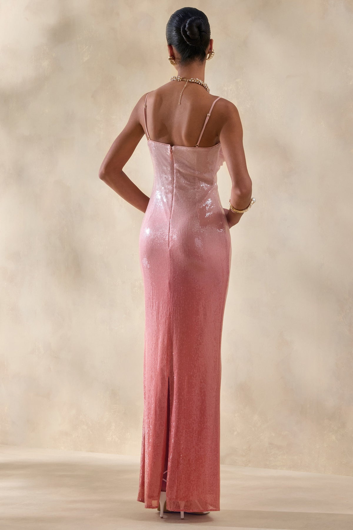 Feloria | Coral Ombre Sequin Cowl-Neck Maxi Dress