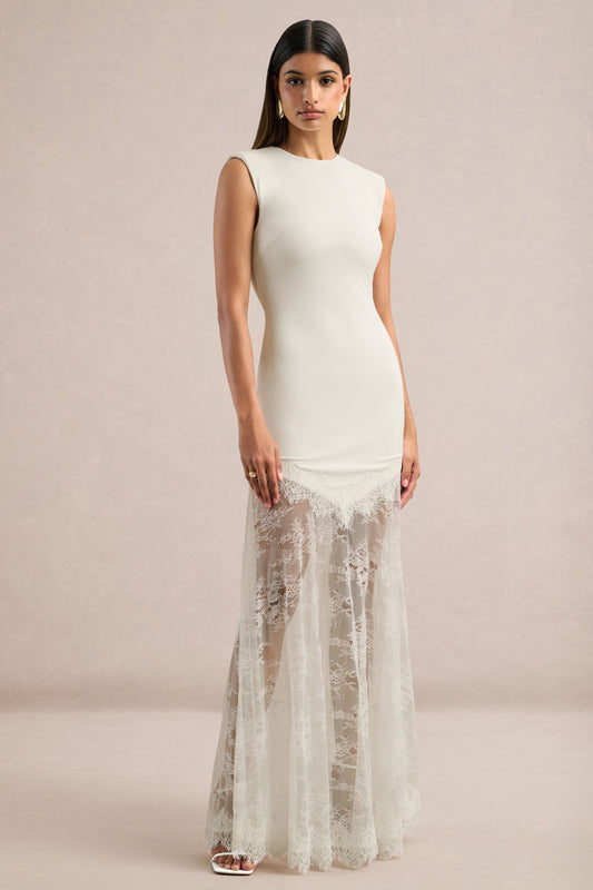 Fianna | White Jersey High Neck Maxi Dress With Sheer Lace Detailing