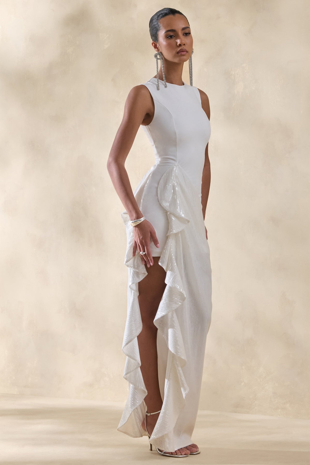 Ada | White Crew-Neck Maxi Dress With Sheer Sequin Skirt And Ruffled Detailing