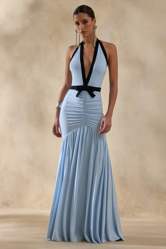 Cosmina | Powder Blue Jersey Ruched Plunge Maxi Dress With Tie Back And Bow Detail