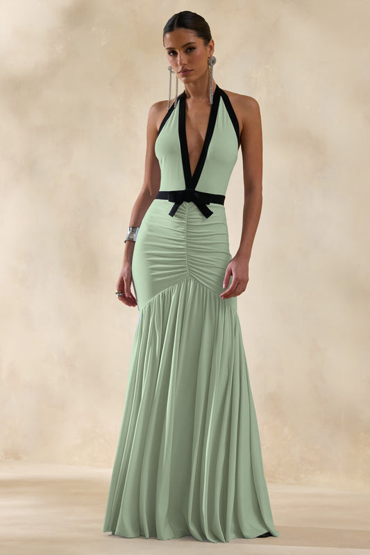 Cosmina | Mint Jersey Ruched Plunge Maxi Dress With Tie Back And Bow Detail